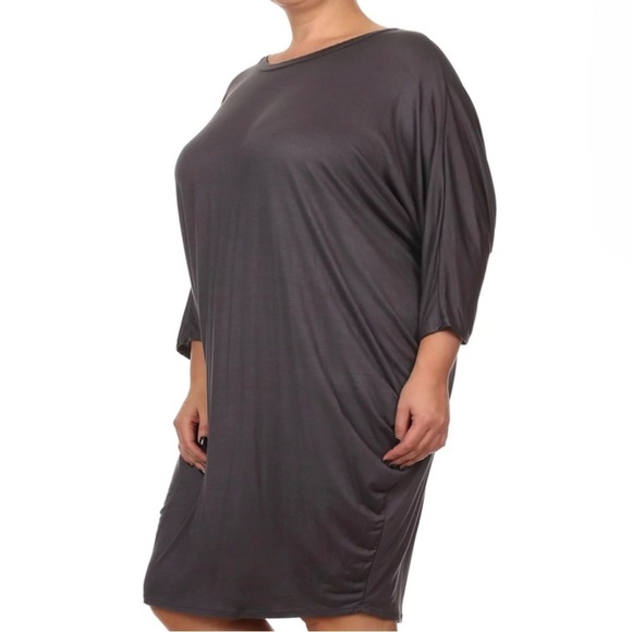 MOA • Women’s Grey Loose Fit 3/4 Dolman Bat Wing Sleeve Casual Midi Dress - Picture 4 of 4